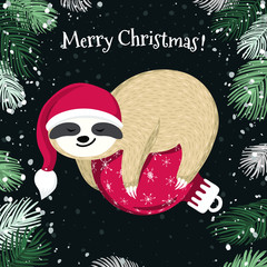 Cute baby sloth sleeping on the red Christmas ball. Adorable cartoon animal wearing Santa hat. Merry Christmas design. Vector winter forest illustration in the childish style - 234447929