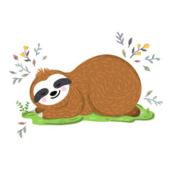 Cute baby sloth sleeping on the grass among flowers and leaves. Vector funny sloth illustration for summer and spring design. Adorable cartoon animal © Dasha D
