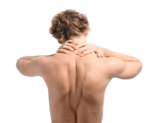 Young man suffering from neck pain on white background