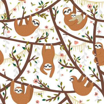 Seamless tropical pattern with funny sloths hanging on the tree includes mother with baby. Adorable cartoon animal background. Vector rainforest set of cute sloths, flowers, leaves