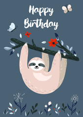 Happy Birthday design with cute baby sloth hanging on the tree. Unique hand drawn cartoon animal for greeting card, poster, banner. Vector illustration © Dasha D
