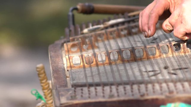 Man using hammered mallets to play a zither