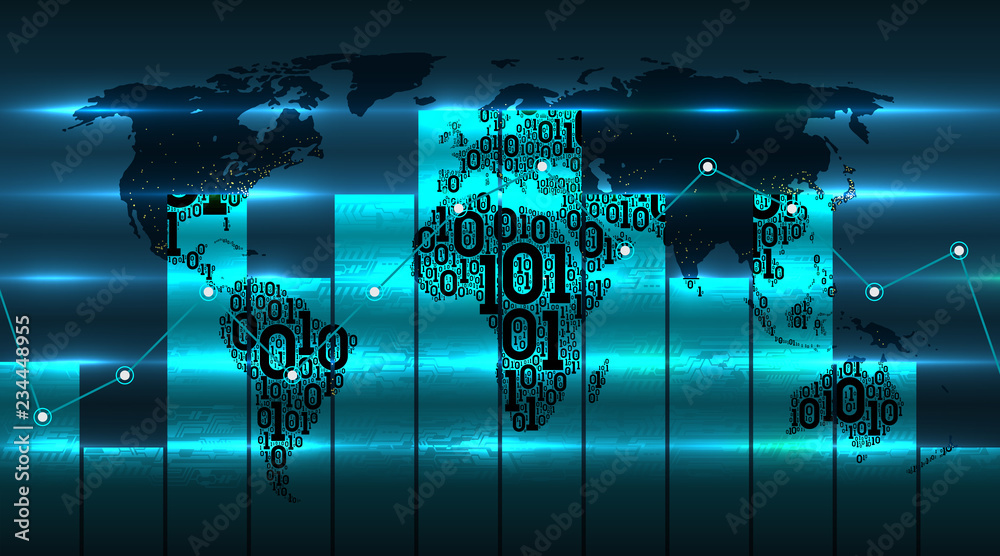 Poster Graph chart of digital global technologies of against background of world map. Binary code earth map, abstract electronics. Internet of things, cloud service, big data, vector infographics