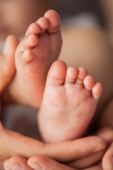 Close up of newborn baby feet. Baby's feet in the mother hands. Baby. Cozy. Love. Family.