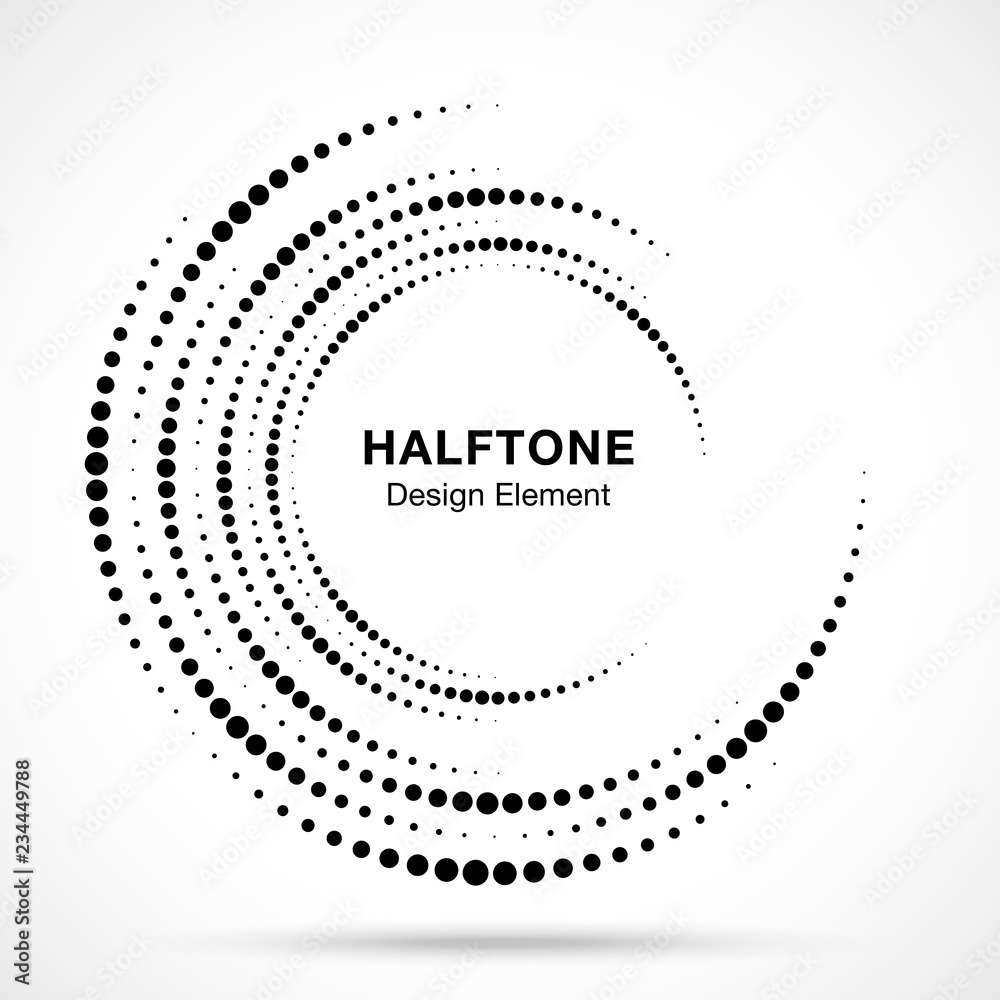 Wall mural halftone vortex circle frame dots logo isolated on white background. circular swirl design element f