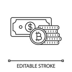 Bitcoin coins stack and dollar banknote linear icon