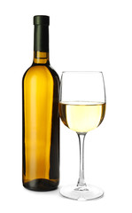 Glass and bottle of tasty wine on white background
