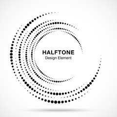 Halftone vortex circle frame dots logo isolated on white background. Circular swirl design element for treatment, technology. Incomplete round border Icon using halftone circle dots texture. Vector © Bank Design Elements