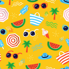 Colorful seamless summer pattern with hand drawn beach elements such as sunglasses, palm, watermelon slice, tote bag, umbrella, ice cream, waves, sand. Fashion print design, vector illustration - 234449929
