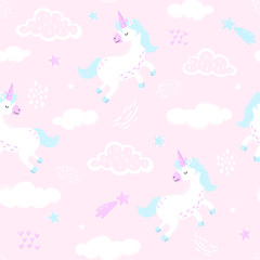 Awesome seamless pattern with cute unicorns, clouds, stars. Magic background with white unicorns jumping in the sky. Adorable wallpaper in the childish style. Vector