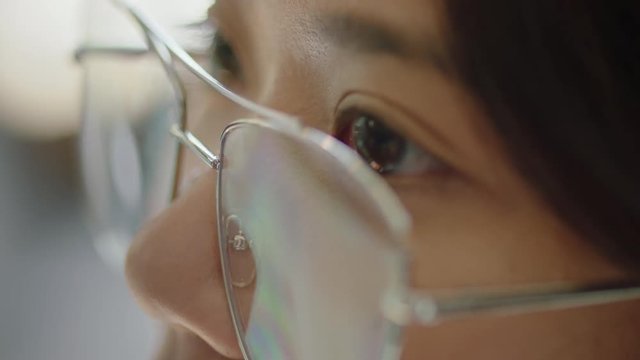 Close Up Asian Woman Eyes Looking Pensive Thinking Planning Ahead Wearing Glasses Macro