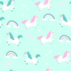 Seamless pattern with cute white unicorns, rainbow, falling stars. Magic background with baby unicorns flying in the blue sky. Adorable wallpaper in the childish style. Vector