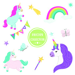 Vector collection of cute unicorns, rainbow, butterfly, stars, birthday bunting flags, magic wand. Adorable animal graphic set. Magical design elements isolated in white background