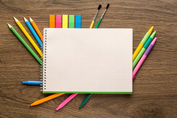 School notebook and stationery. Back to school creative, abstract, concept background.