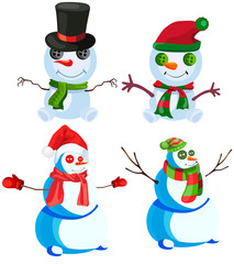 Set of four snowmen in various headdresses and in different scarves
