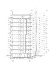 Multistory building section, detailed architectural technical drawing, vector blueprint