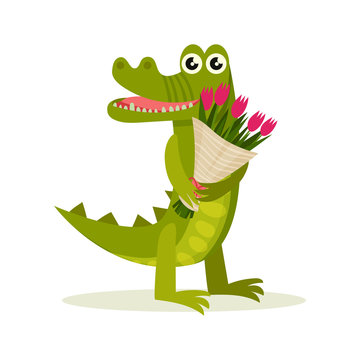 Adorable crocodile with bouquet of pink tulips. Funny green reptile. Flat vector design