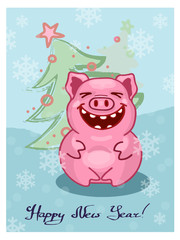 New year greeting card witha laughing pig character