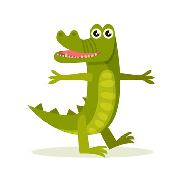 Cheerful humanized crocodile standing with wide open paws. Green animal with long jaws and shiny eyes. Flat vector icon