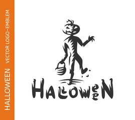 Scarecrow halloween logo - emblem design on white background, vector illustration
