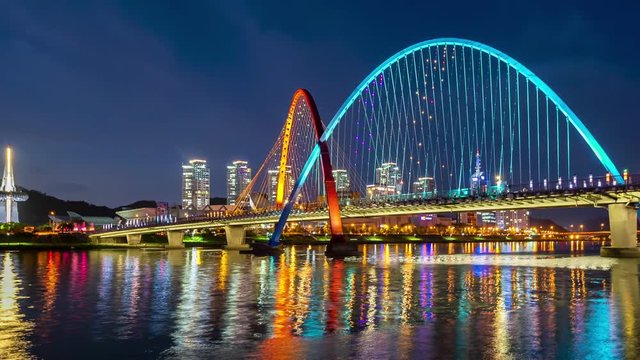 Colorful bridge and reflection Expo Bridge in Daejeon, South Korea.Timelapse 4k