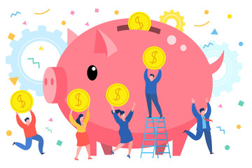 Fototapeta premium Mini business people bring money in a giant piggy bank
