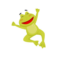 Joyful frog in jumping action with paws up. Happy toad. Flat vector element for children book or greeting card