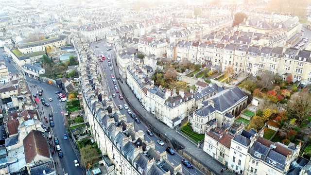 Aerial cityscape view of Bath, Somerset, United Kingdom