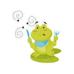 Funny green frog sitting on lotus leaf with knife and fork in its paws, ready to eat flies. Flat vector icon