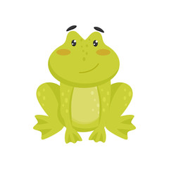 Flat vector icon of cute smiling frog. Cartoon character of funny green toad with pink cheeks and shiny eyes