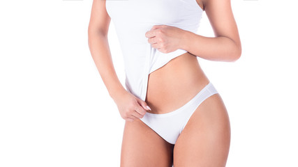 Fototapeta na wymiar beautiful shape female body in underwear isolated on white background.