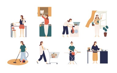 Collection of scenes with woman or housewife doing housework - washing dishes, ironing clothes, cleaning window, cooking, feeding baby, shopping. Colorful vector illustration in flat cartoon style.