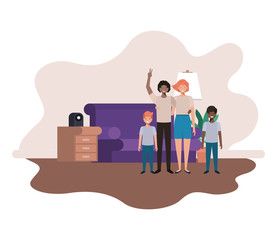 parents couple with sons in livingroom avatar character