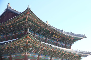 Gyeongbokgung Palace in Seoul, South Korea. Writing on the building: Geunjeongjeon Hall