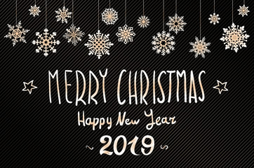 vector gold Merry christmas greetings and Happy new year 2019 dark blue background. golden snowflakes