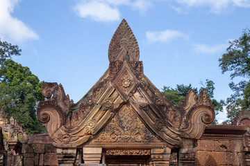 Banteay Srei Temple (Ban Tai Srei Temple) of the Angkor Complex in Cambodia, Asia which Spectacular pediments adorn the buildings of the 10th Century and dedicated to the Hindu god Shiva.