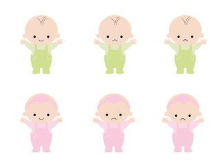 Set with cute little baby in diaper with different emotions. Various face expressions. set of Girl and boy baby. Colorful vector.