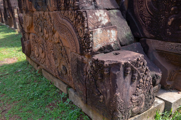 Banteay Srei Temple (Ban Tai Srei Temple) of the Angkor Complex in Cambodia, Asia which Spectacular pediments adorn the buildings of the 10th Century and dedicated to the Hindu god Shiva.