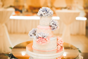 Luxury decorated wedding cake on the table