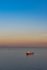 Seascape with tanker and ships on the background of the sea and coastline.