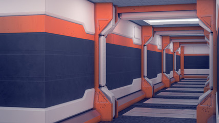 Sci-fi hangar. White futuristic panels with orange accents. Spaceship corridor with light. 3d Illustration