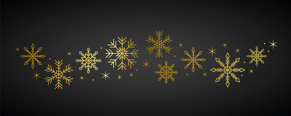 golden snowflakes and stars border on dark background vector illustration EPS10