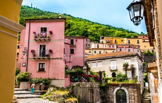 MARATEA, ITALY, CALABRIA - The old town of Maratea with narrow streets and stairs on the coast of Tyrrhenian Sea (Mar Tirreno) in the south of Italy