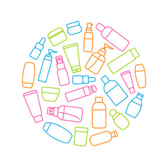 Cosmetic Bottles Signs Thin Line Round Design Template Ad. Vector