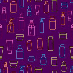 Cosmetic Bottles Signs Thin Line Seamless Pattern Background. Vector