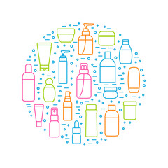 Cosmetic Bottles Signs Thin Line Round Design Template. Vector