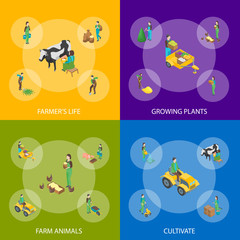 Farmers at Work 3d Banner Set Isometric View. Vector