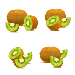 Realistic Detailed 3d Whole Kiwi and Slices Set. Vector