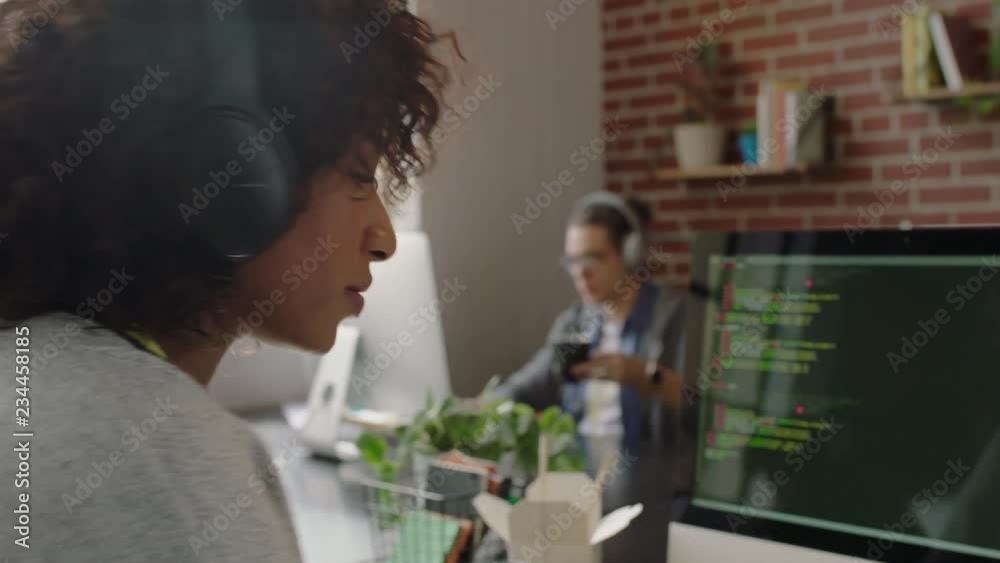 Wall mural portrait african american woman programmer coding network security software for startup company prof