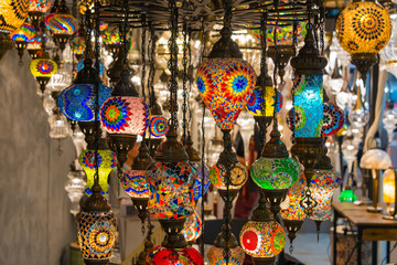 Beautiful colorful Turkish mosaic crafted of colored glass decorative lamps oriental traditional light traditional handmade of Istanbul, Turkey